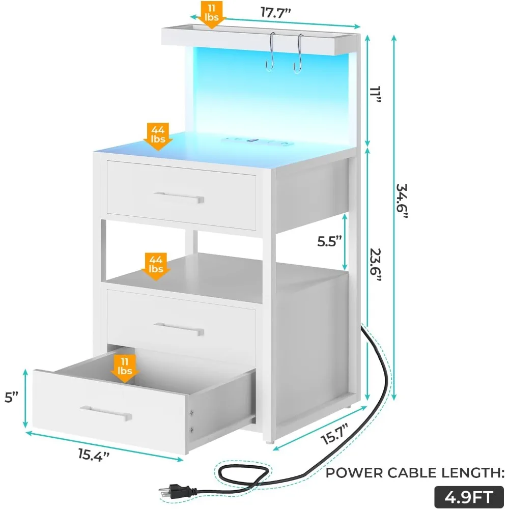 Led Nightstand with Charging Station, 3 Drawers Night Stands with Led Lights, White Bedside Tables with Storage Shelves, Modern