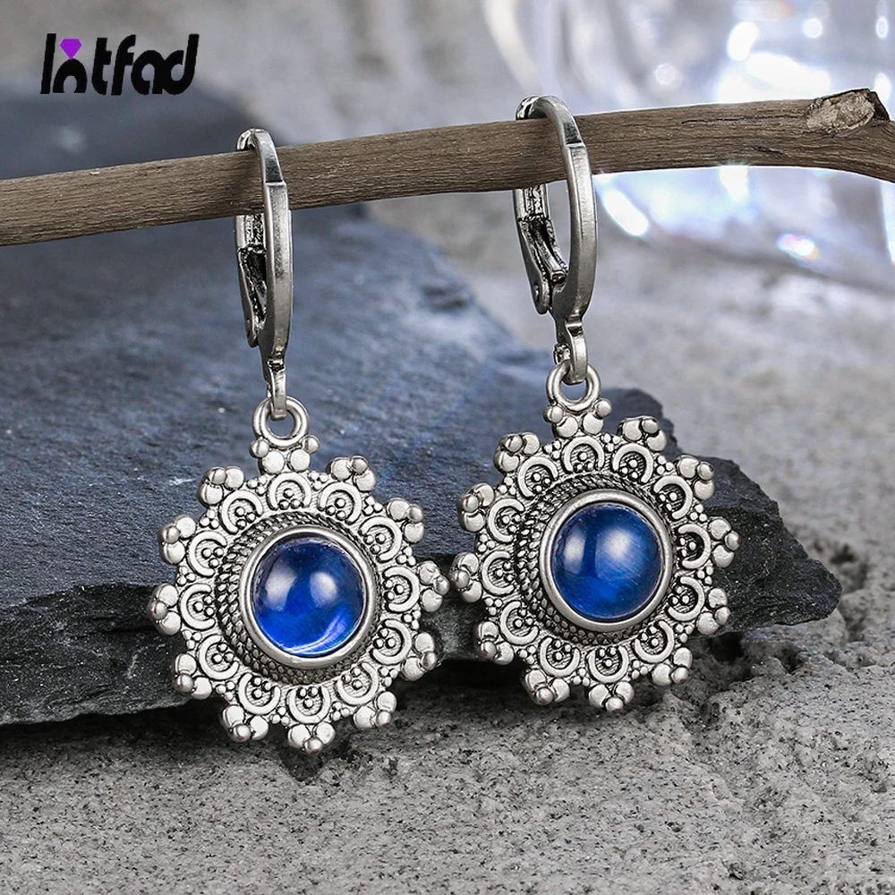 925 Sterling Silver Snowflake Natural 6mm Kyanite Earrings for Women Round Stone Vintage Jewelry Party Anniversary Gifts