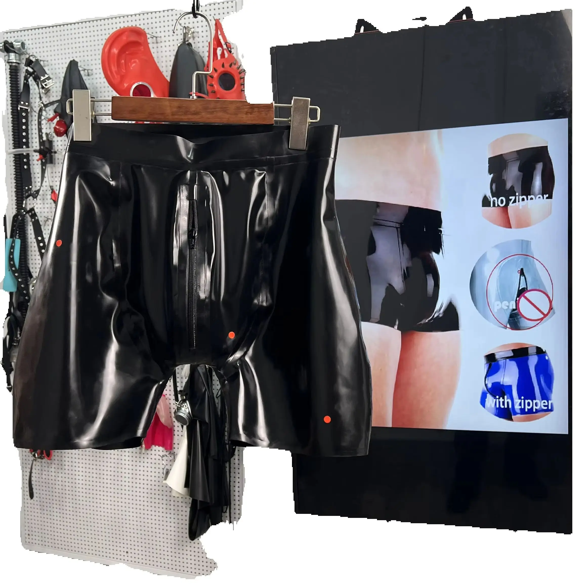 

Black High Gloss Trunks Men Zipper Neutral Stage Performance Handmade Customized