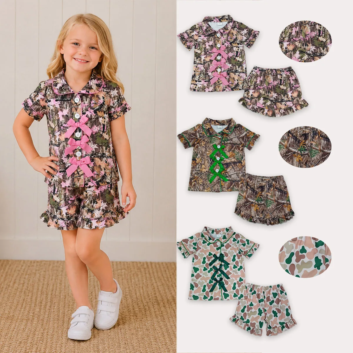 Children Clothing Baby Girl Boutique Clothes Sets Short Sleeve Leaves Camo Bows Button Top Ruffle Shorts Pajamas Set Wholesale