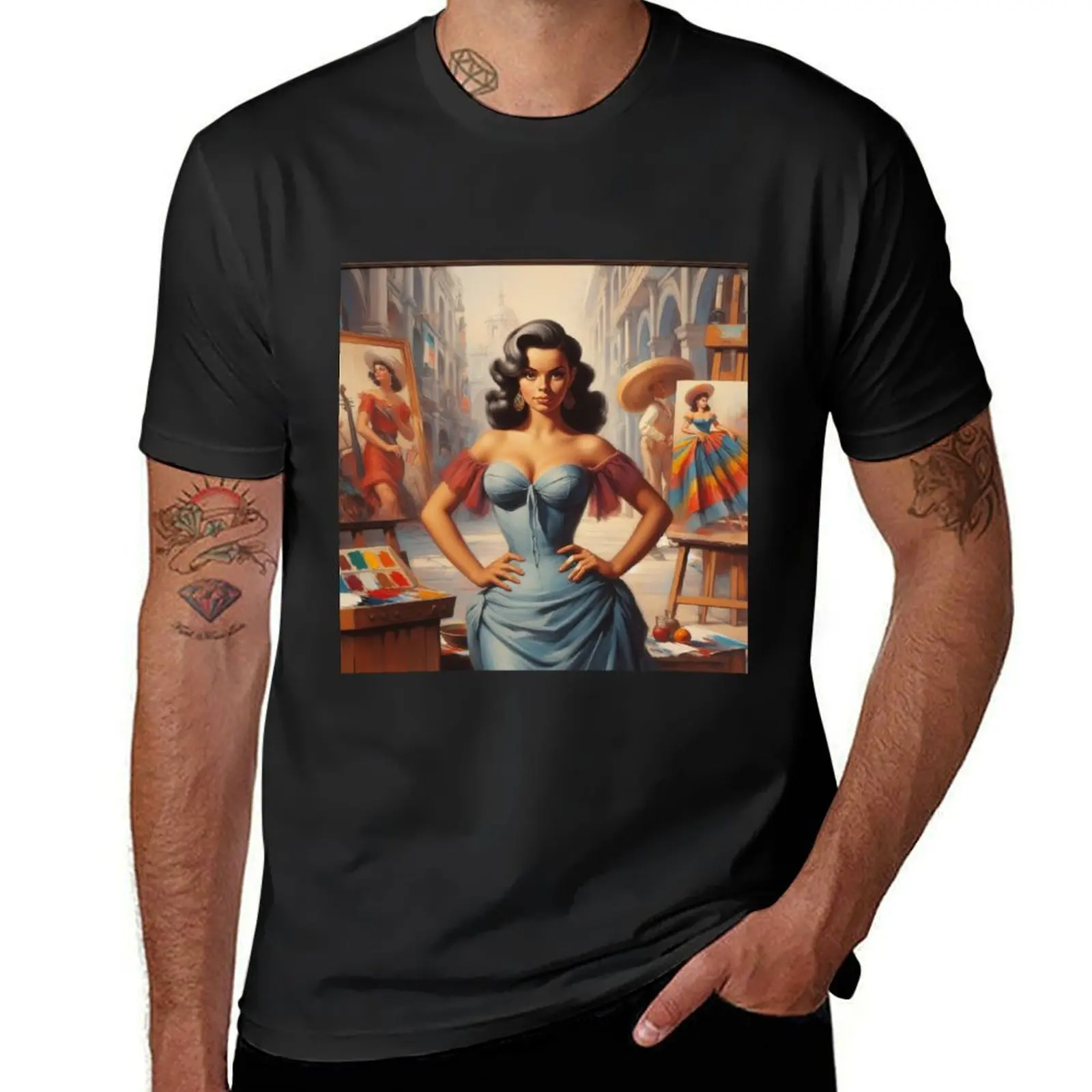 A Beautiful Latina Woman In A Blue Dress T-Shirt plain boys whites Aesthetic clothing plus size tops clothes for men