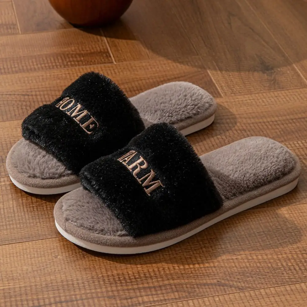 

Elegant Soft Casual Fluffy Slippers Anti Slip Warm Women Home Flats Letter Thick Sole Home Cotton Shoes Student