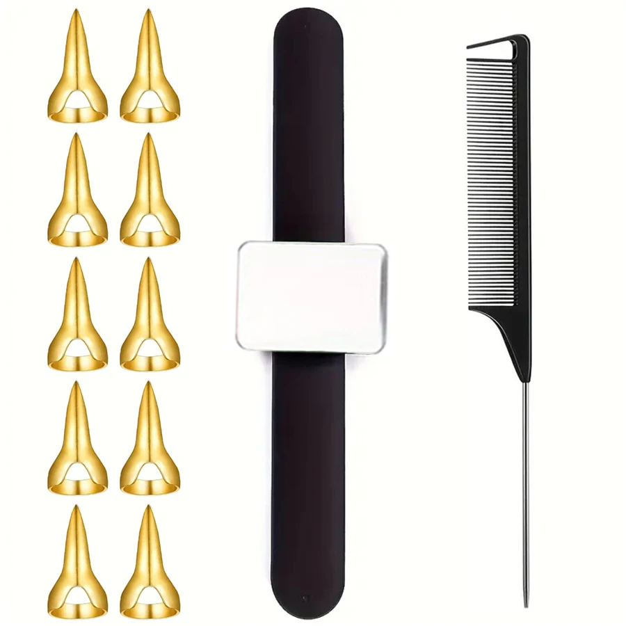 12pcs Professional Hairdressing Tools, Golden Hair Parting Rings, Wrist Strap, Pointed Comb, Suitable for Loose Hair Styling