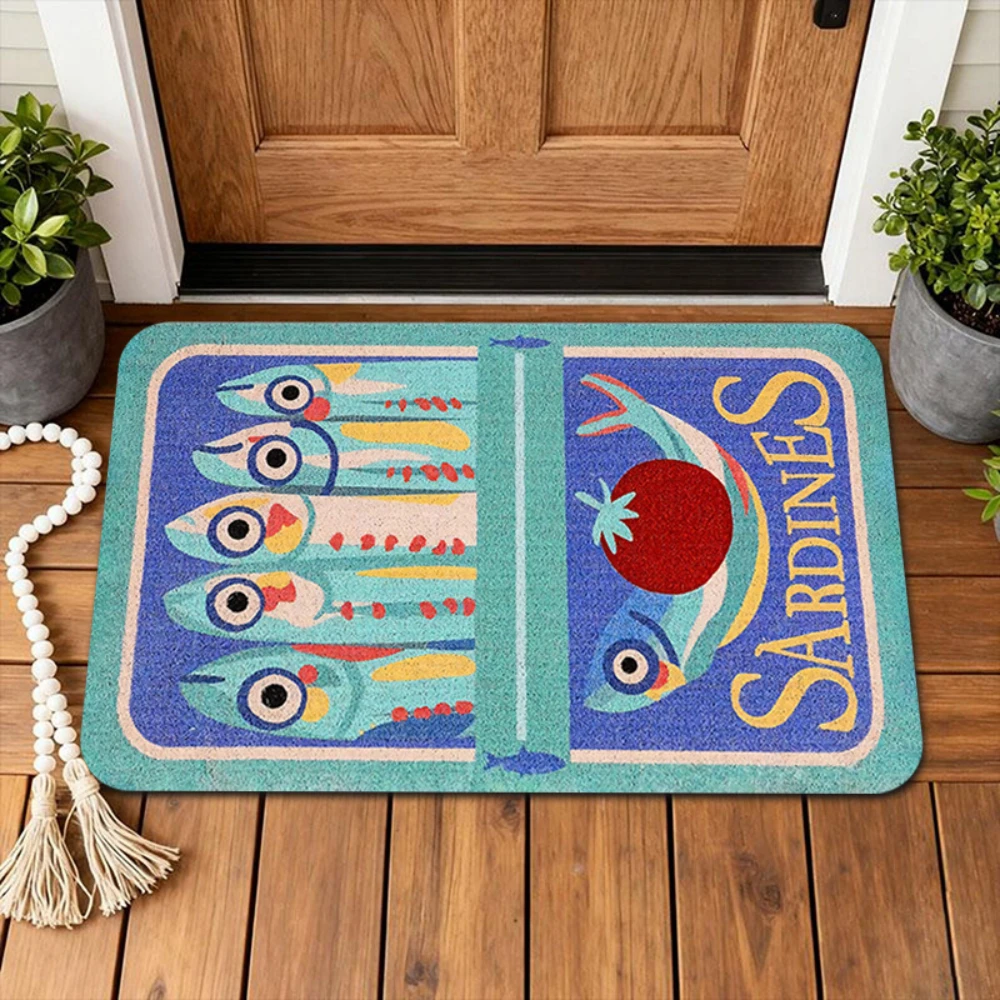Colorful Retro Sardine Tin Can Graphic Welcome Doormat Floor Rug Entryway Front Porch Indoor Foyer Balcony Non‑Slip Floor Rug