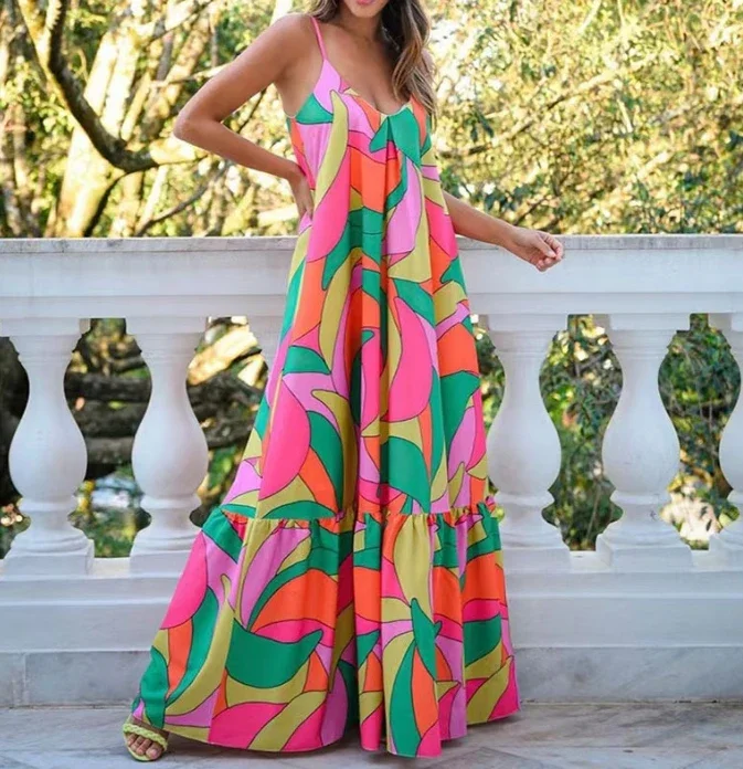 

Женское платье, весна 2024, длинная юбка без рукавов с глубоким V-образным вырезом и открытой спиной, свободное праздничное платье макси на бретелях с цветочным принтом