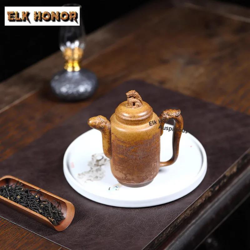 340ml Ancient Long Kiln Teapot High-end Yixing Purple Clay Teapots Hand-carved Pot Raw Ore Gold Sand Kettle Zisha Teaset Gifts