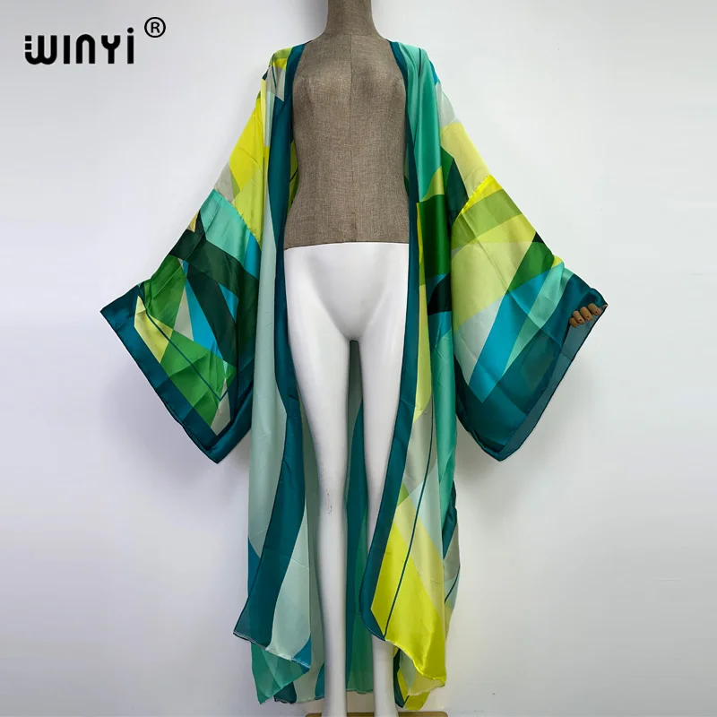 2022 WINYI Summer Beach Wear Swim Suit Cover up boho fashion printing elegant sexy Holiday party long Sleeve Cardigan dress