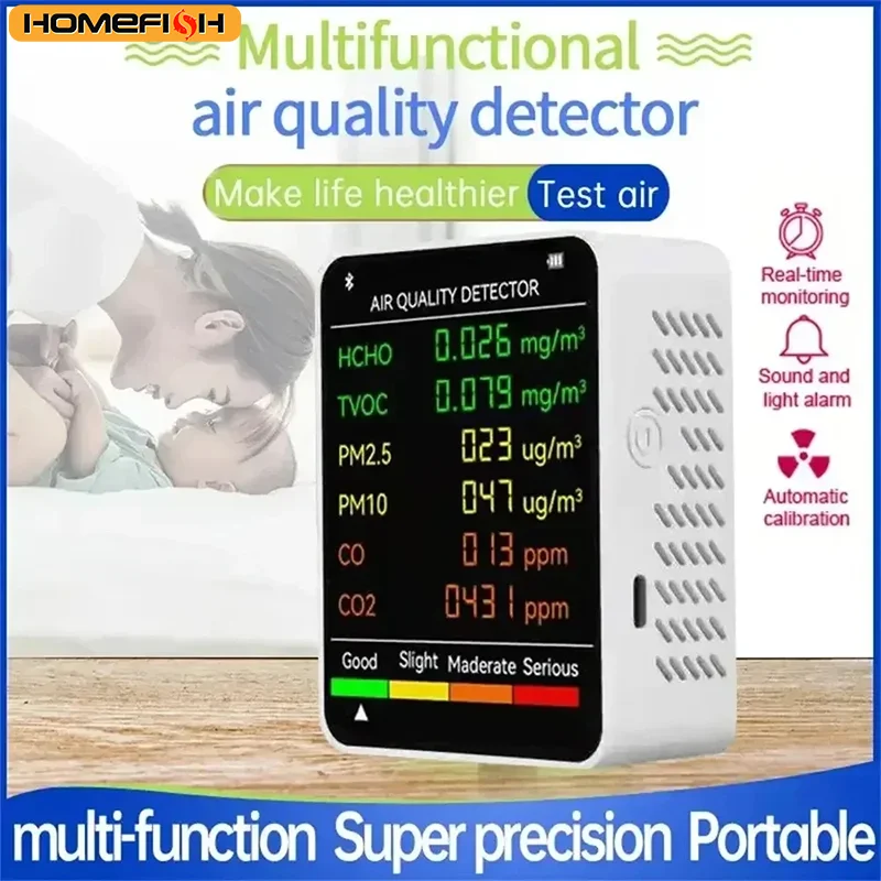 HOMEFISH 6-in-1 Luftqualitätsmonitor Multifunktionaler Automatischer Bildschirm für Innenräume Büro Wandmontage Luftdetektor