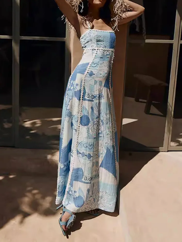 

Backless Elegant Printed Fashion Party Dress, 2024 Women Summer Sleeveless Simple Maxi Dress, Lace-Up Square Collar Ladies Dress