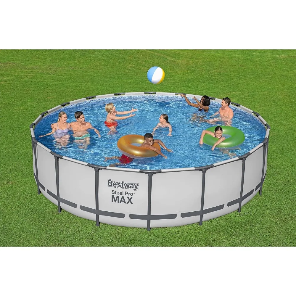 Ensemble de piscine extérieure hors sol à cadre métallique rond, pompe à filtre 1,000, échelle et couverture, 18 pieds x 48 pouces