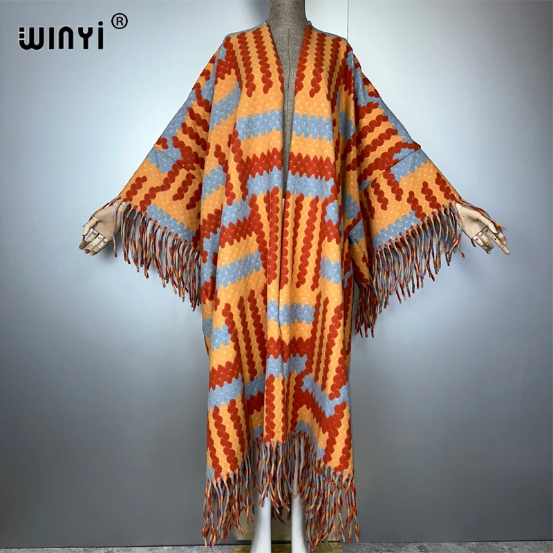 

WINYI African Winter print tassel cardigan woman abaya dubai luxury outfits for women coat Open Front Kimonos long down poncho