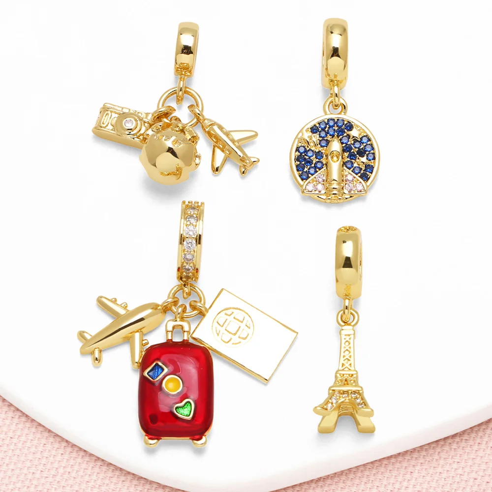 OCESRIO Copper Airplane Suitcase Pendant for Necklace Crystal Travel Passport Eiffel Tower Jewelry Making Supplies pdta014