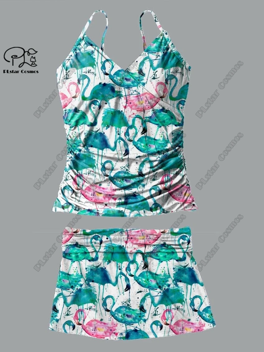 Women's V-neck summer flamingo flower 3D printed suspender skirt style two-piece swimsuit suit holiday travel new swimsuit H-3