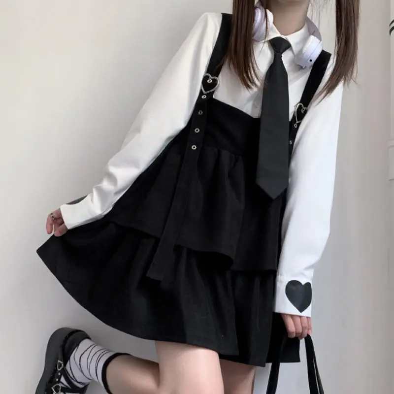 HOUZHOU Kawaii Black Lolita Dress Women Ruffle Layer Japanese fashion Sleeveless Strap Cute Mini Dress Preppy Style Soft Girl