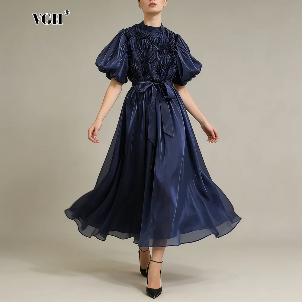 

VGH Элегантное винтажное шифоновое платье миди для женщин с воротником-стойкой и пышными рукавами с высокой талией и шнуровкой, вечерние платья феи для женщин