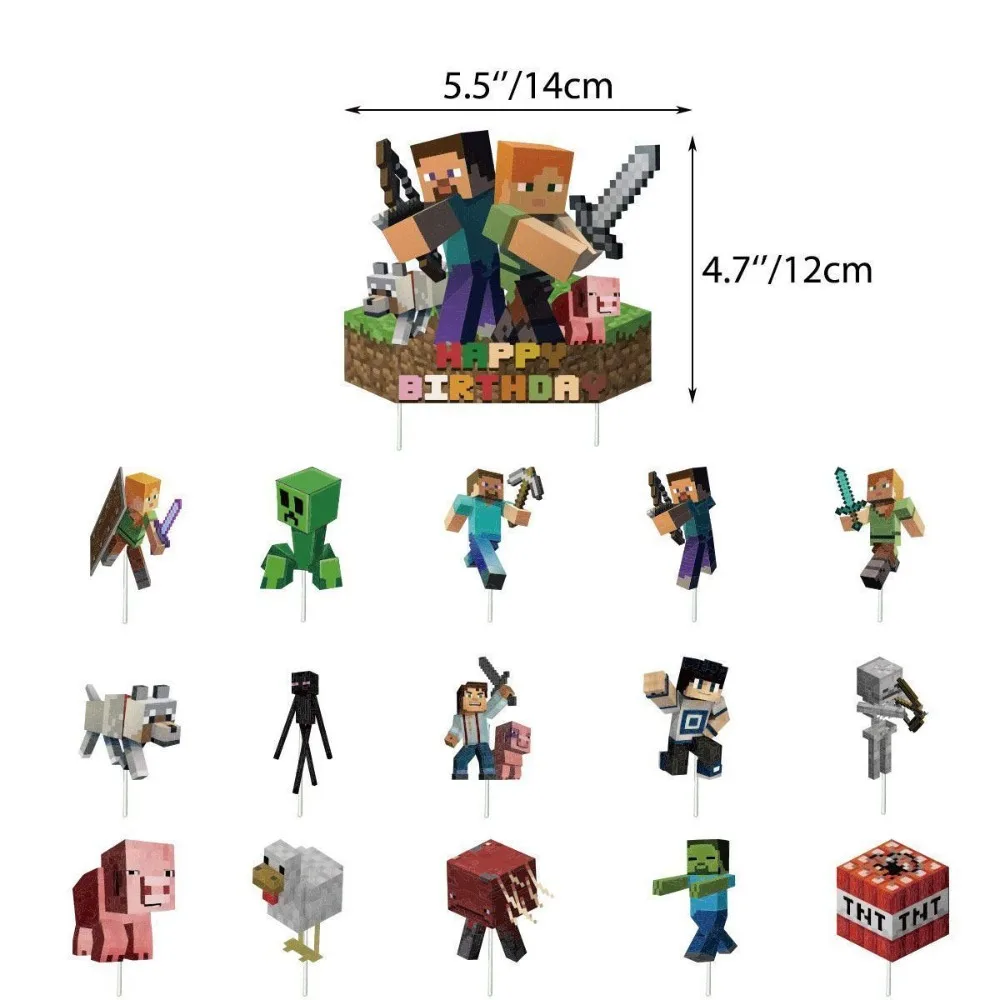 Minecraft Cake Toppers Pixel Game Birthday Cupcake Topper Set Gamer Party Decorations Anime Photo Prop Supplies Gifts