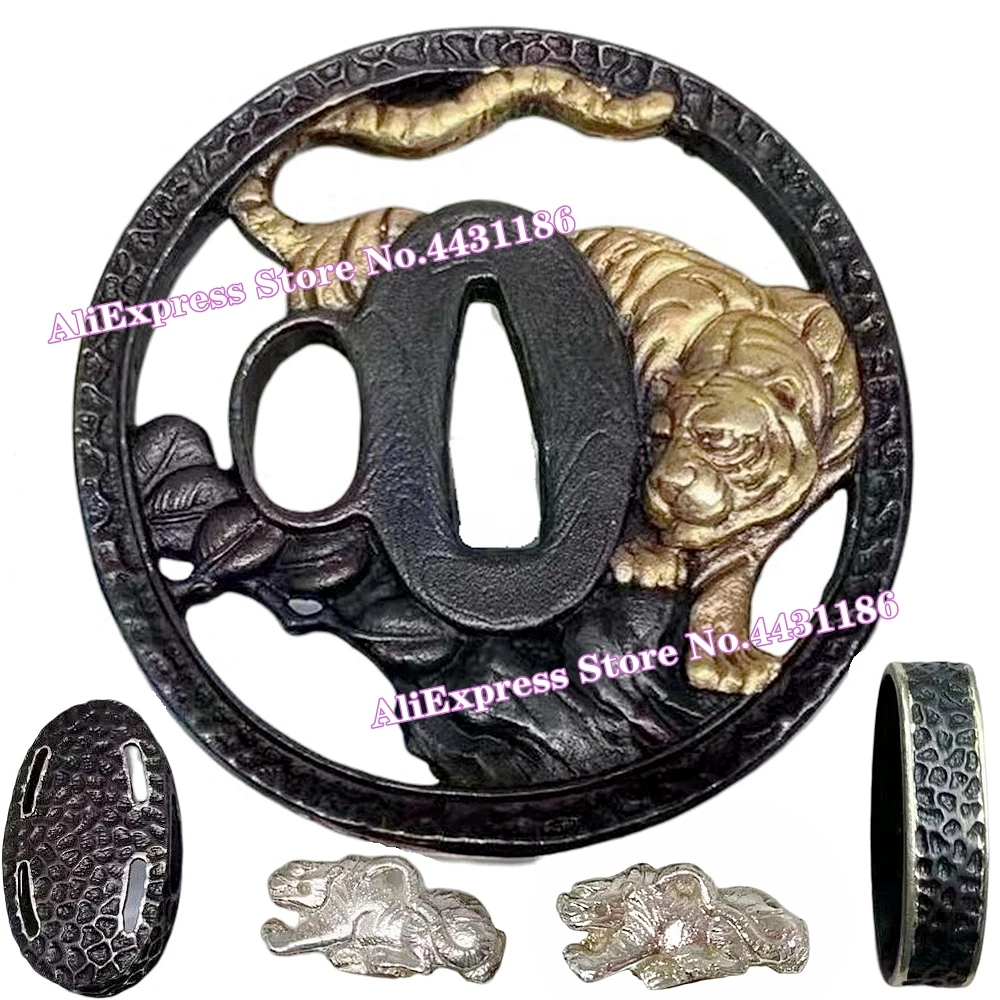 

Латунный набор аксессуаров Tiger Tsuba для катаны, вакидзаси, Танто, «сделай сам», японский меч, защита рук + менуки + фучи + КАШИРА, сменные фитинги