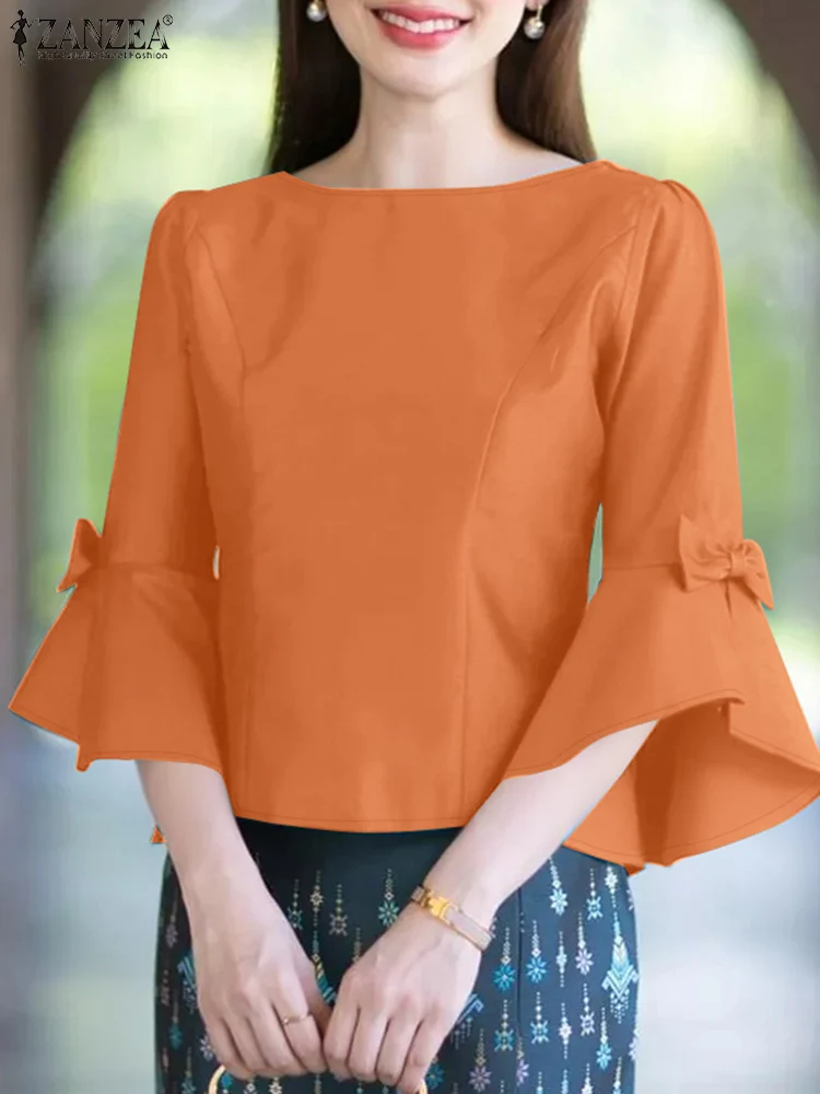 

ZANZEA 2025 Summer Women Blusas Mujer Bow Detail Elegant 3/4 Flare Sleeve Side-Zipper Tops Commute Solid Fashion O-Neck Blouses