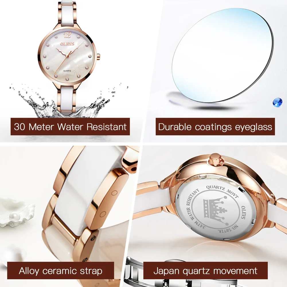 OLEVS-reloj de cuarzo para mujer, accesorio con movimiento japonés, resistente al agua hasta 30M, elegante correa de cerámica, regalo para el Día de San Valentín