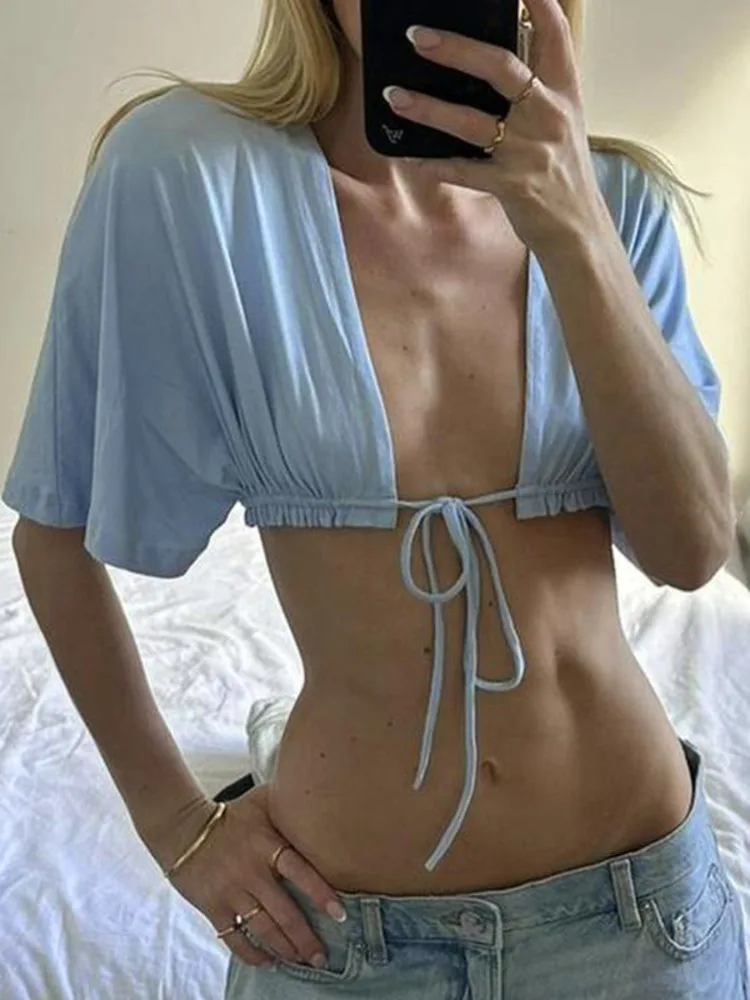 Absobe Women Deep V Neck Lace Up Crop Top Puff Sleeve Short T Shirt Tie Front Ruched Hem Y2K Casual Beach Vacation Outfit 2026