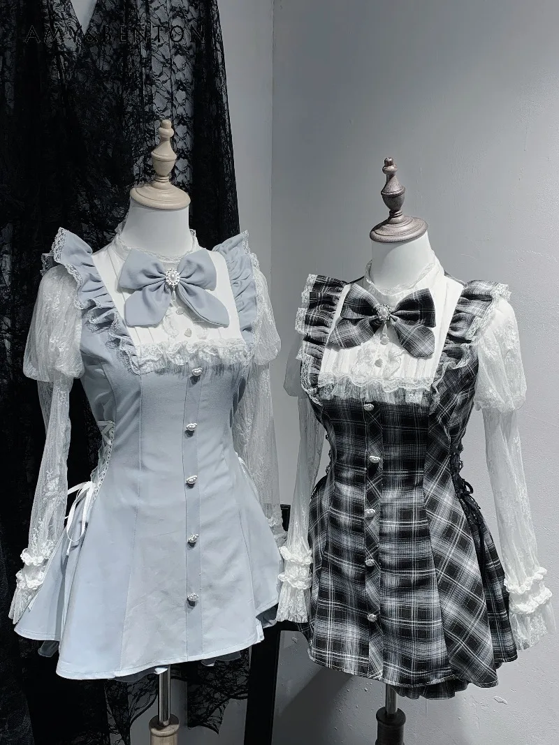 Japanische, in Massenproduzierte Damen-Sets im Lolita-Stil, süße Perlen, Strass, Schleife, Spitze, lange Ärmel, schlankes Minikleid, Shorts, zweiteiliges Set