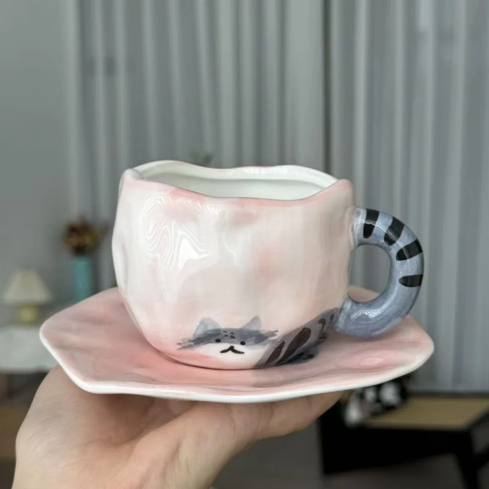 Cat Ceramic Mug and Saucer Set 300ML Porcelain Coffee Cup With Cat Tail Handle Milk and Juice Drinkware for Home and Office Use