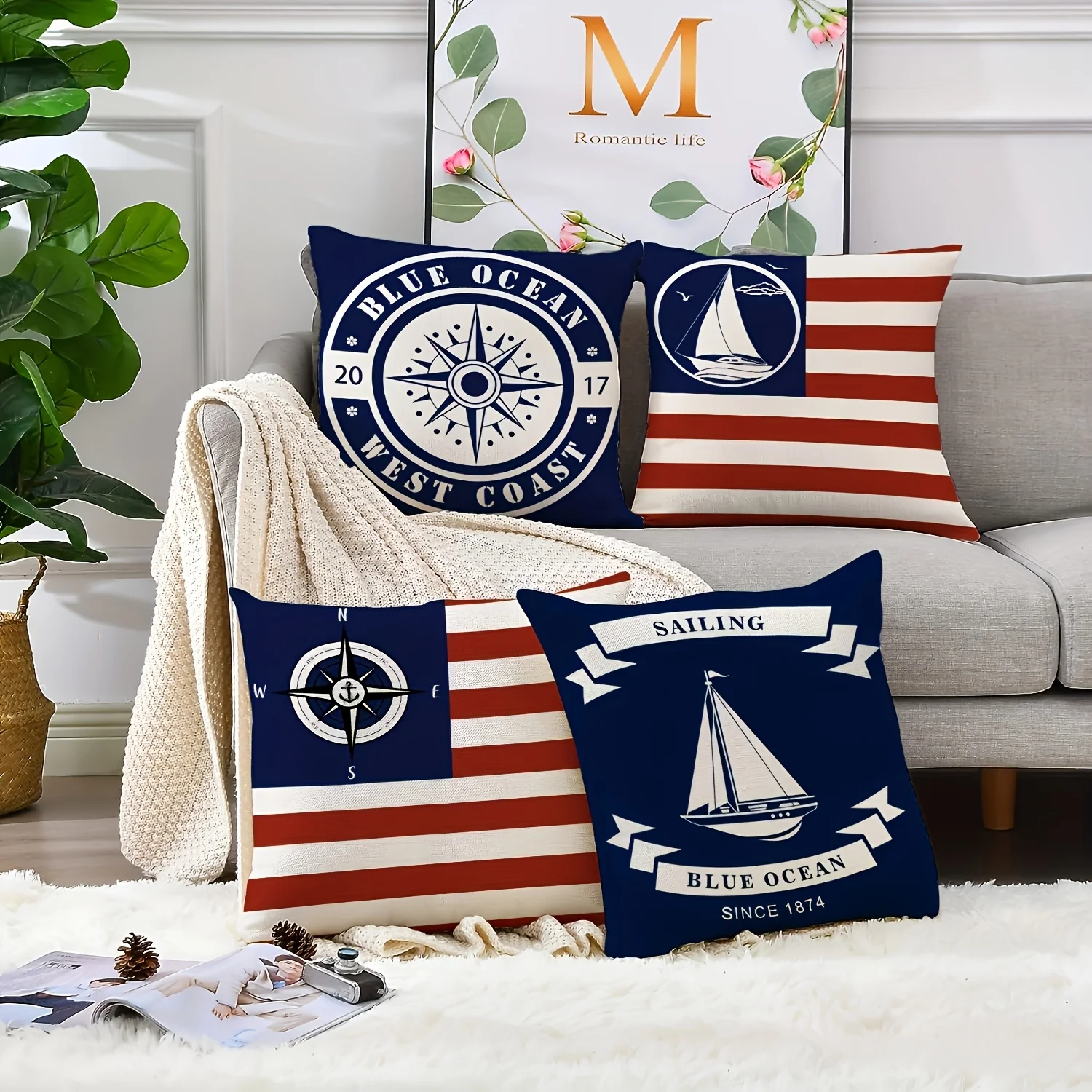 Set of 4 Nautical Blue Coastal Navy Polyester Throw Pillow Covers 17.7x17.7 Inches - Anchor and Stripe Design, Textured Cushion