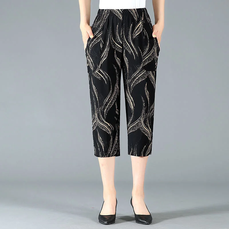 2024 Summer Capris For Middle-aged And Elderly Women Casual High Waisted Printed Pants Female Straight Calf-Length Pants