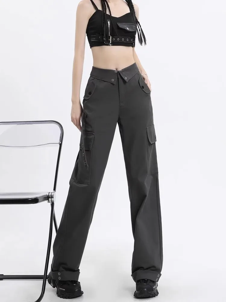 American High Waist Straight Leg Work Pants Women's Loose Floor-Length High Street Cuffed Wide Leg Pants Casual Cotton Blend