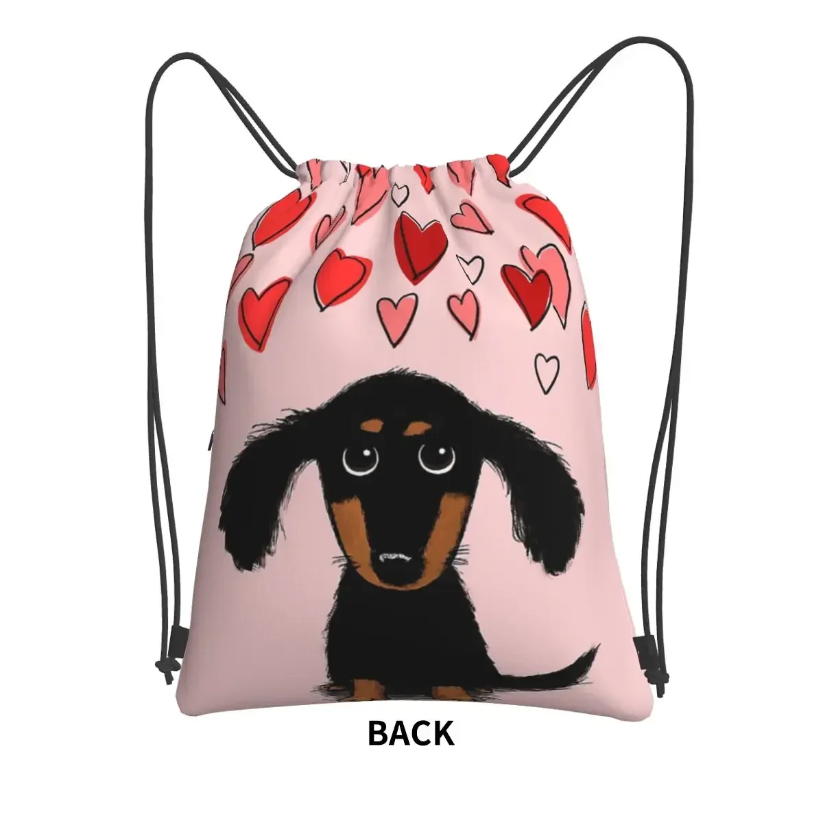 Cute Dachshund Puppy Dog With Valentine Hearts Portable Backpacks Drawstring Bag Fashion Book Bags For Travel Sport Man Woman