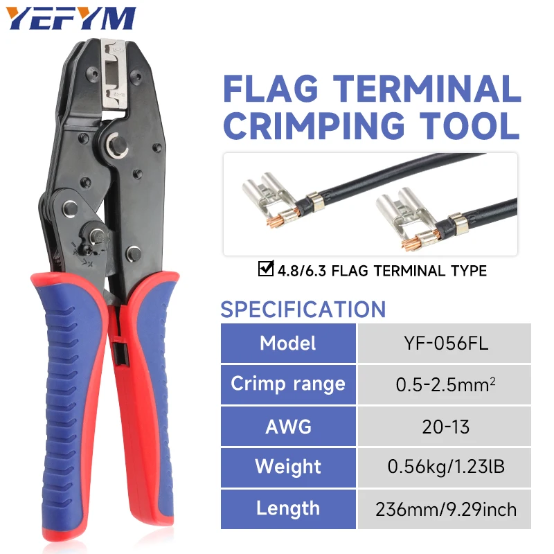 Crimping Tool YF-056FL For Non-Insulated Flag Open Barrel Terminals 4.8/6.3 Electrical Tools AWG 20-13 (0.5-2.5mm²) YEFYM