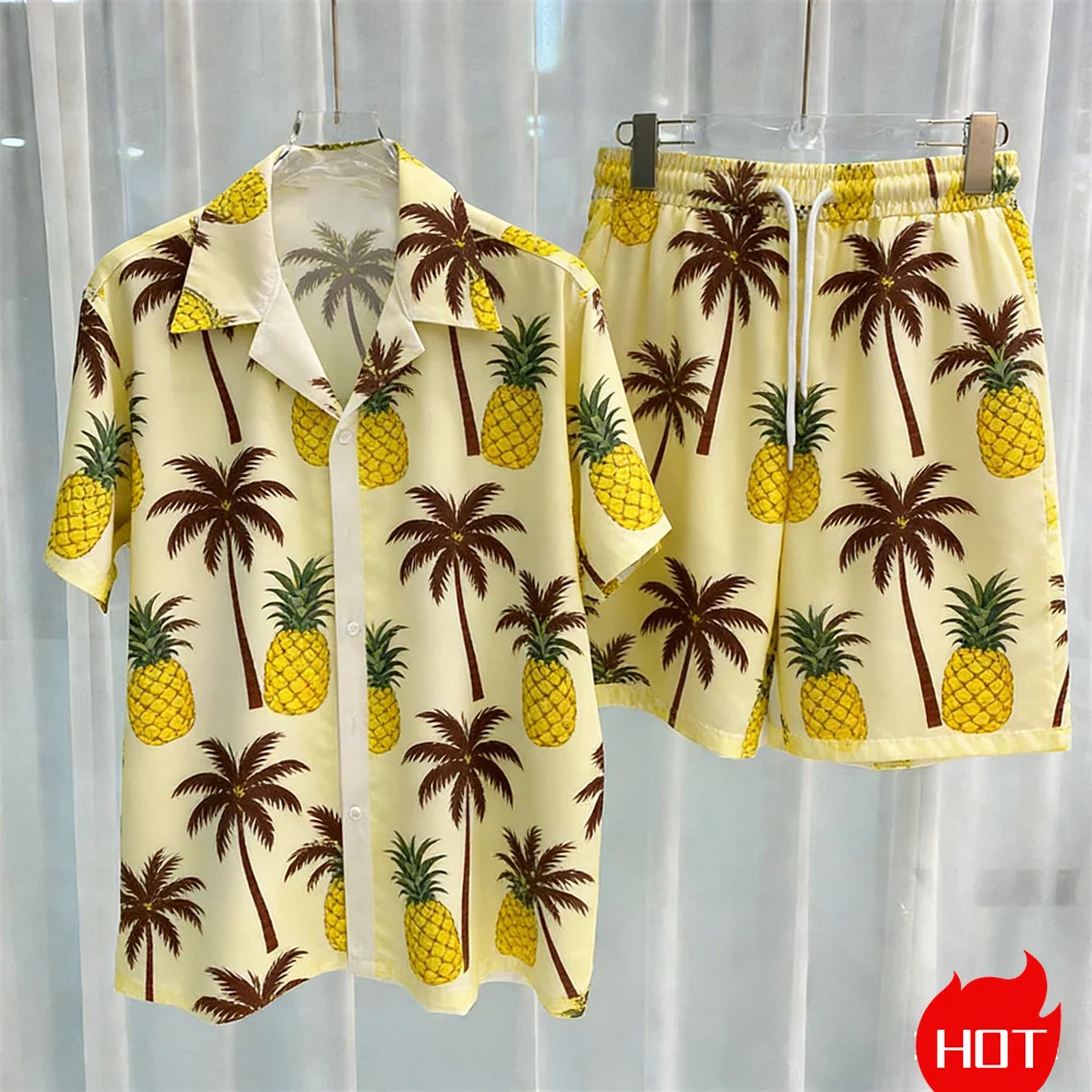 Summer Men's Shirt Sets Plants Pattern Polyester Two Piece Shirt Set Hawaiian Shirt Vacation Mens Shirt Set Casual Y2k Clothing