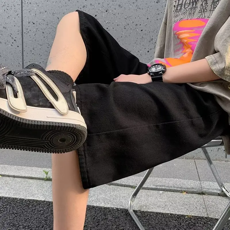 

Мужские джинсовые шорты в американском стиле ретро, новинка лета 2025 года, свободные прямые брюки с пятью точками, универсальные черные брюки