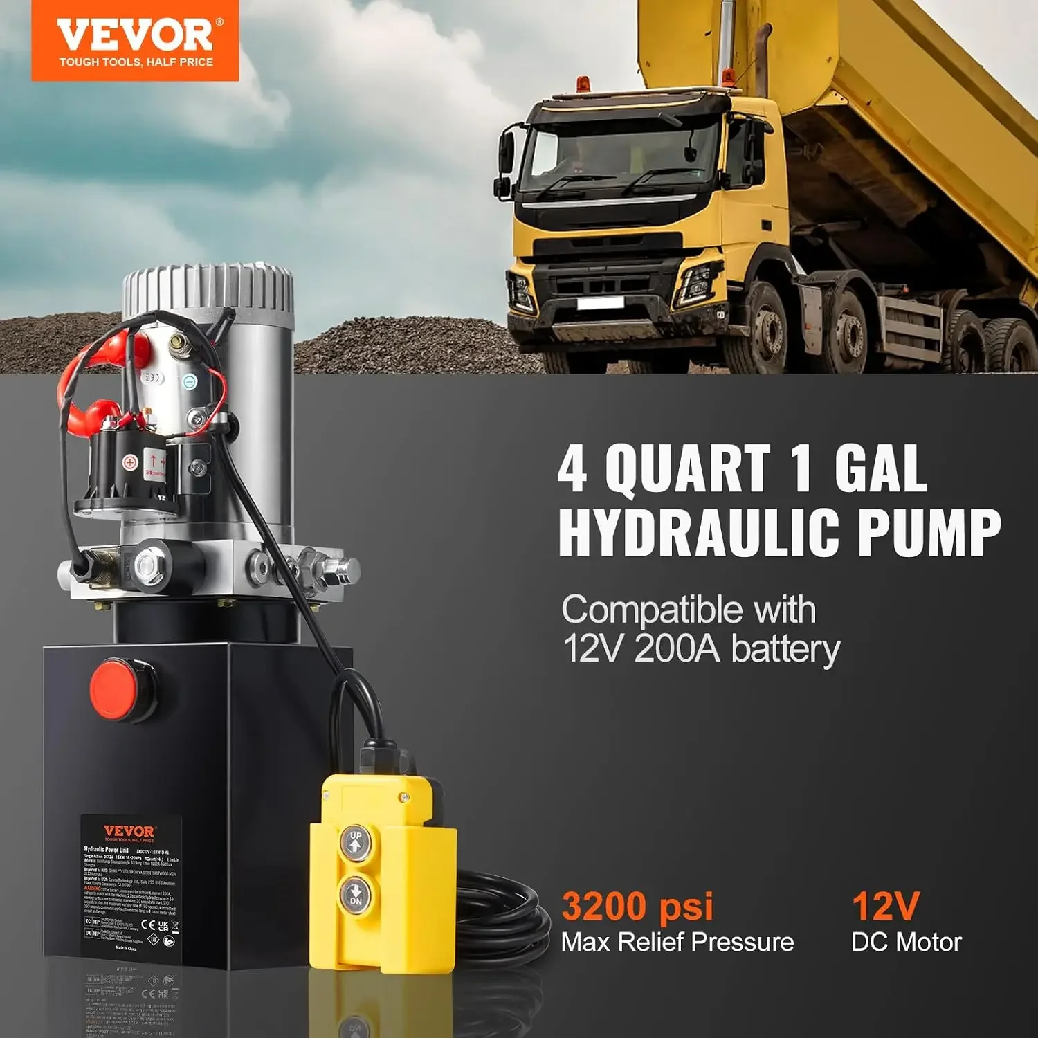 VEVOR Hydraulic Pump, 4 Quart Hydraulic Power Unit, Single Acting Dump Trailer Pump, 0.91 GPM Flow Rate, 3200 PSI Max Relief Pre