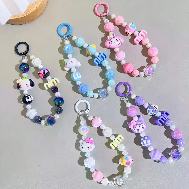 Sanrio Kuromi My Melody New Cartoon Anime Beaded Phone Chains Pendant Bags Water Cup Exquisite Extension Chain Keychain Pendants