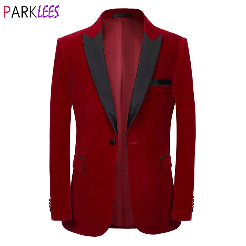 Luxury Red Velvet Dress Blazer Jacket Men One Button Peak Collar Tuxedo Suit Jacket Mens Wedding Groom Party Stage Costume Homme