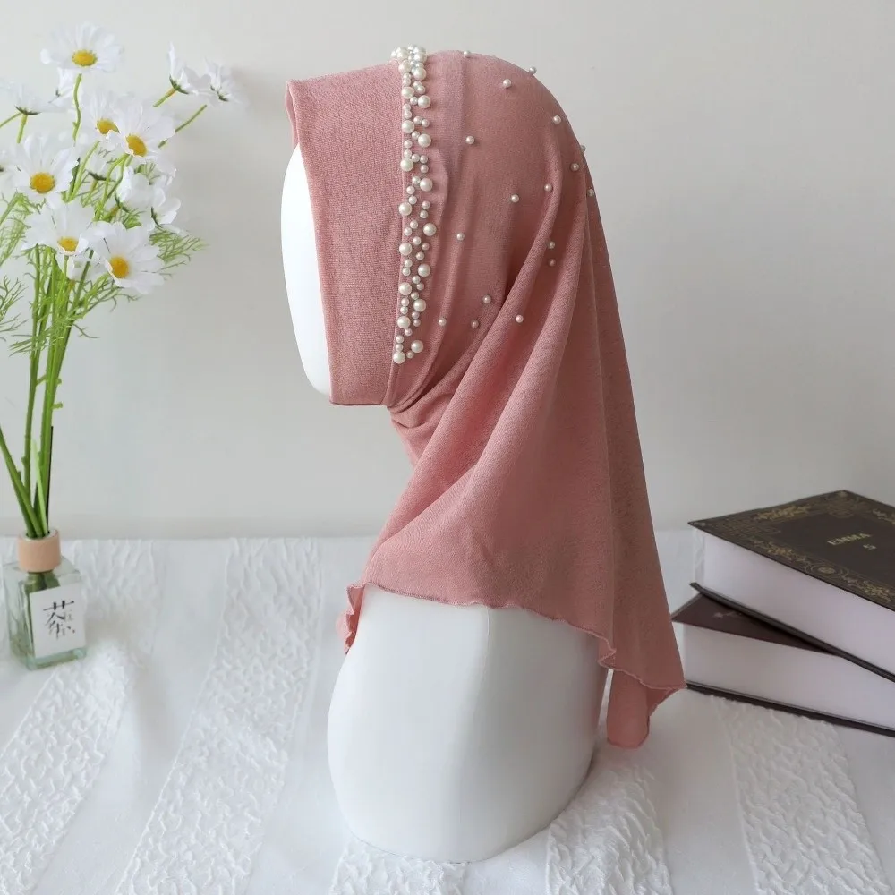 Solid Color Beads Hijab Quick Drying Stretchable Hijab Scarf Pull On Style Breathable Sun Protection Headscarf Summer