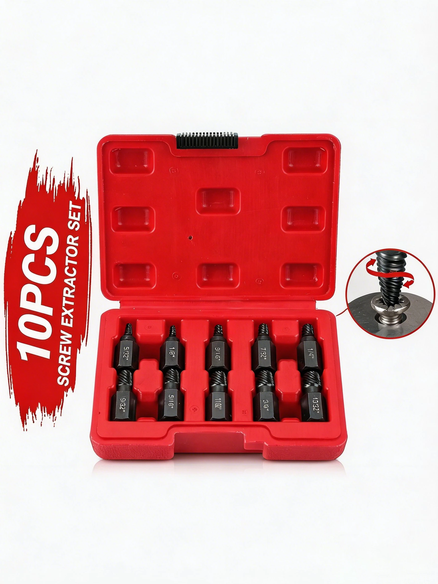 10-teiliges Schraubenausdreher-Set aus legiertem Stahl, Easy-Out-Bohrer für beschädigte Bolzen mit roter Tragetasche – Detail 1