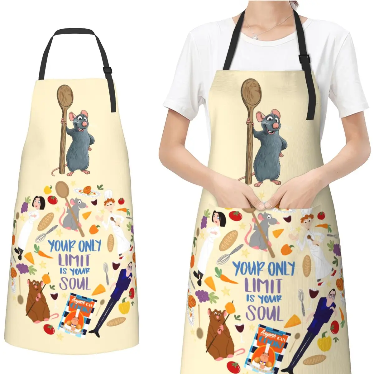 Men Women Chef Gift Apron Cartoon Remy Ratatouille Accessories Baking Aprons Adjustable Tie with 2 Pockets Oil & Water Resistant