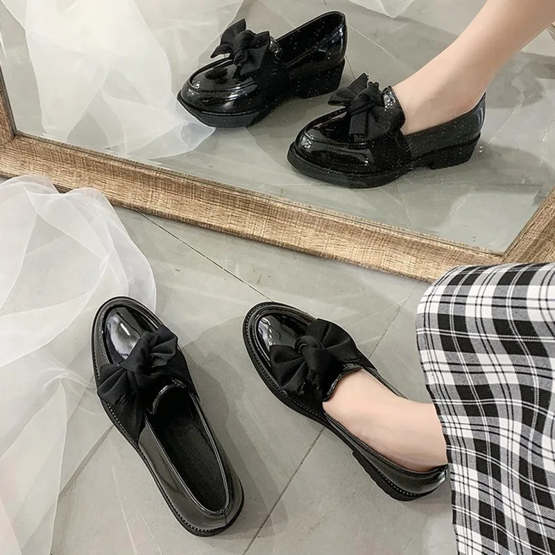 2022 nowych kobiet mokasyny Bowtie Slip on buty kobieta łódź czarny Oxford obuwie Casual lakierki jesień Lolita Zapatos Mujer