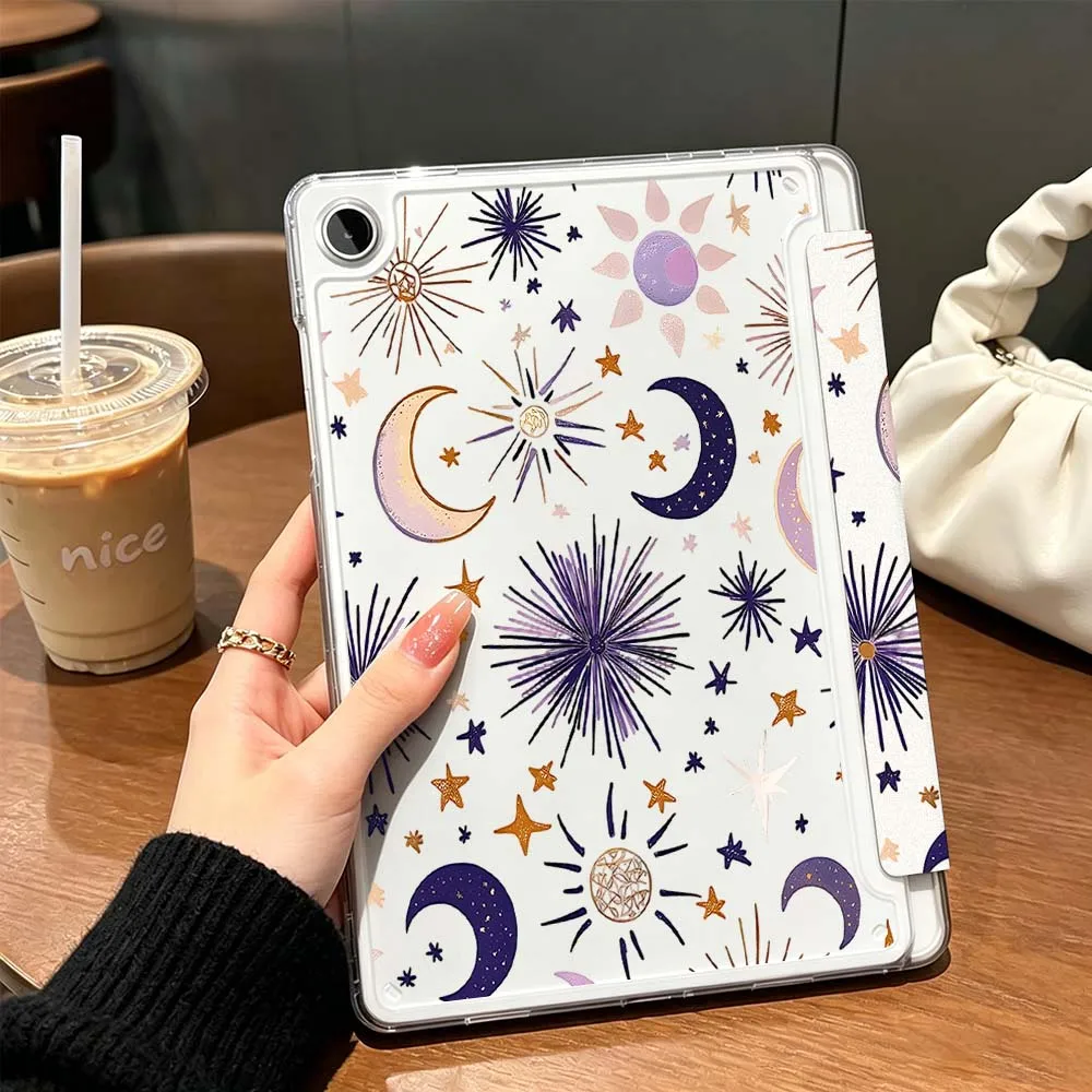 Cartoon Moon Star Pattern Case For Samsung Galaxy Tab A9 A8 A11 S6 S7 S8 S9 S10 FE Plus Lite Transparent Y-Shaped Folding Tablet