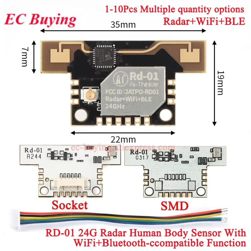 1-10Pcs Rd-01 24G FMCW Radar Human Body Sensor Radar+WiFi+BLE Bluetooth-compat 5.0 Mesh 24GHz Millimeter Wave Module SMD/Socket