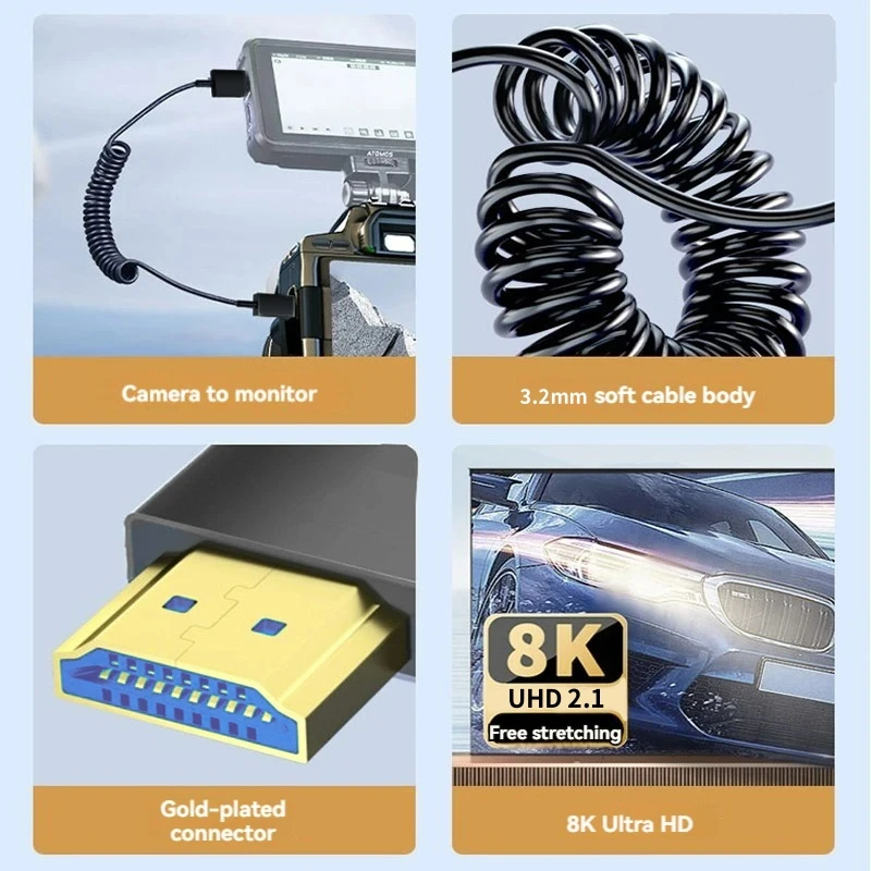 HDMI-Compatible2.1 Spring Coiled Cable Mini to Micro HDMI-compatible Adapter 48Gbps 8K@60Hz 4K@120Hz for Gopro Camera TV Monitor