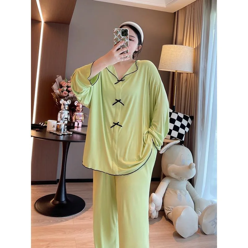 150kg Large Size Autumn Pajama Button Up Long Sleeve Shirt and Trousers Women Loose Home Clothes Solid Bow V-neck Two-piece Set