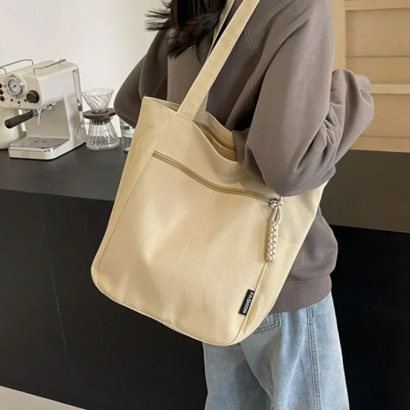 Winter Solid Vintage Canvas Shoulder Bag Fashion Leisure Art Student Handbag Large Capacity Commuter Women Tote Bag