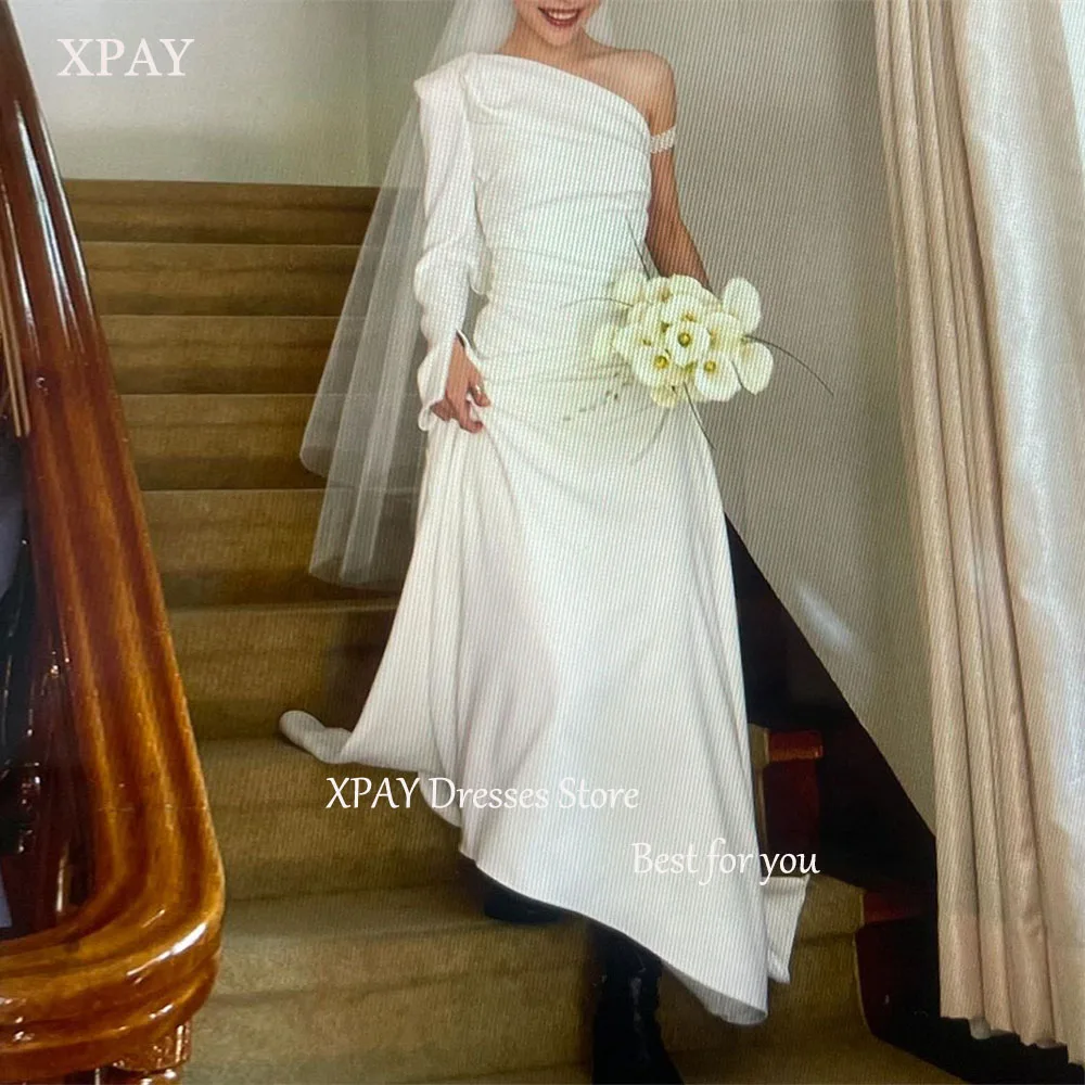 

XPAY Korea One-Shoulder Long Sleeves Wedding Reception Dresses A-line Floor-Length Bridal Gown Elegant Photo Shoot Dresses