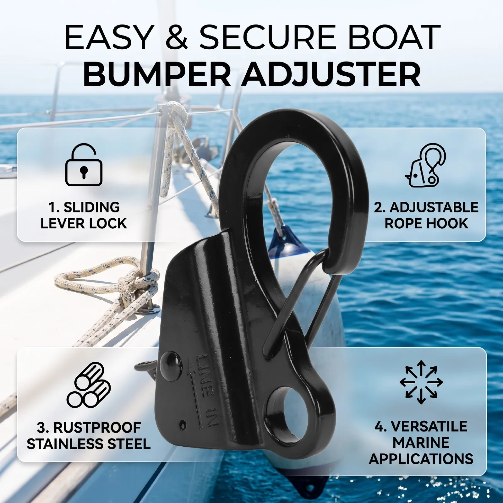 Boat Bumper Adjusters Boat Bumper Clips Adjusters Stainless Steel Adjustable Sliding Rope Hook for 1/4 to 3/8in Ropes Buoy Clips