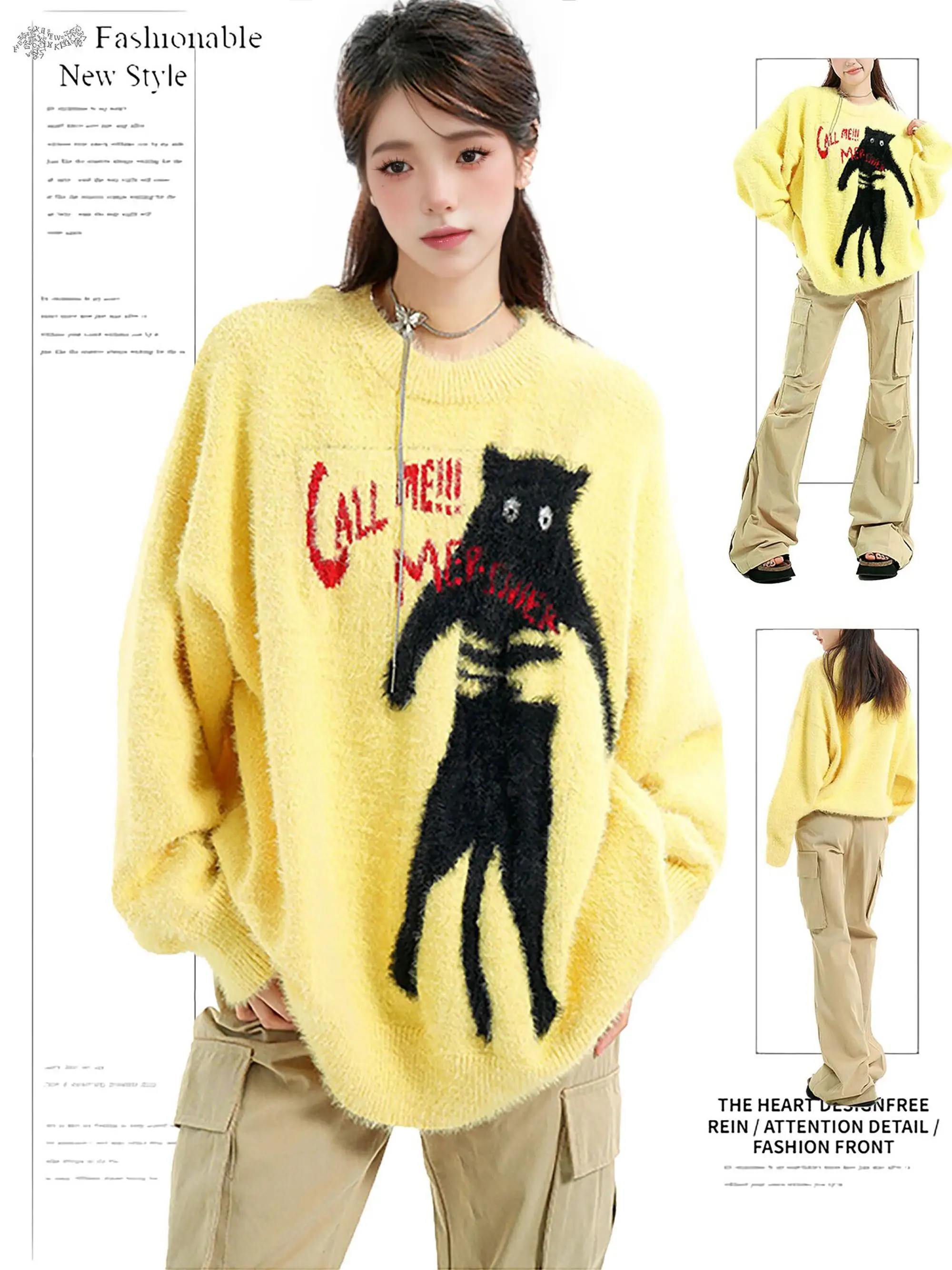 

Women Yellow Pullover Knitted Sweater Harajuku Aesthetic Y2k Large Size Long Sleeves Sweaters Fashion Vintage 2000s Clothes 2025