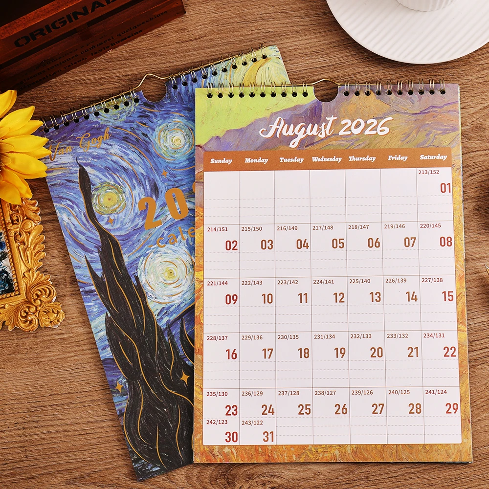 2026 شهري A4 تقويم الحائط احباط ختم خمر البرنز فان جوخ اللوحة مخطط شهري للمنزل اللوازم المكتبية المدرسية