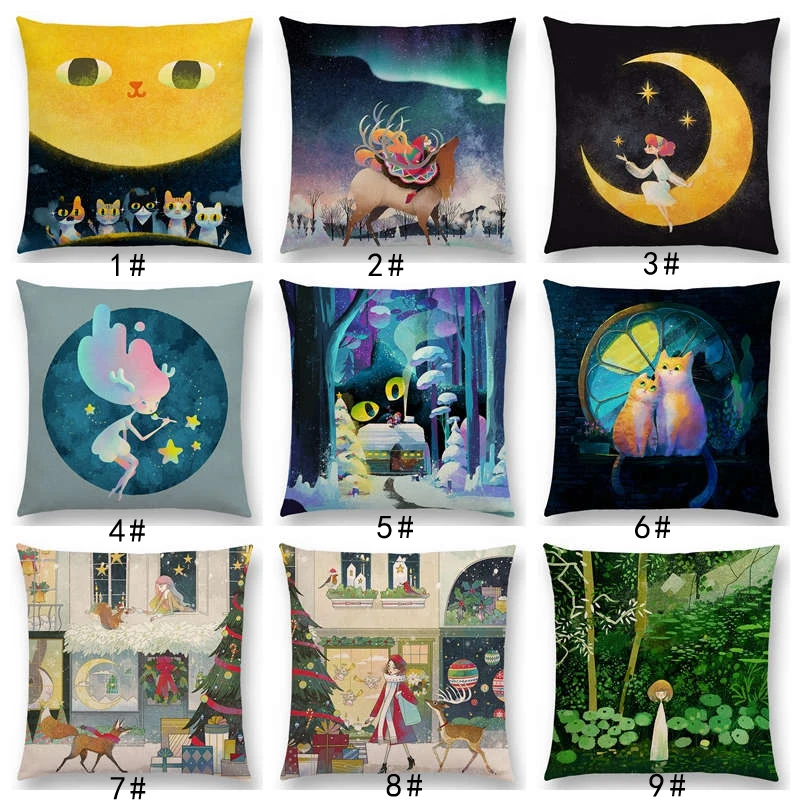 

Cute cartoon animal kitten fantasy elk beautiful girl magic forest shining star cushion cover sofa pillow